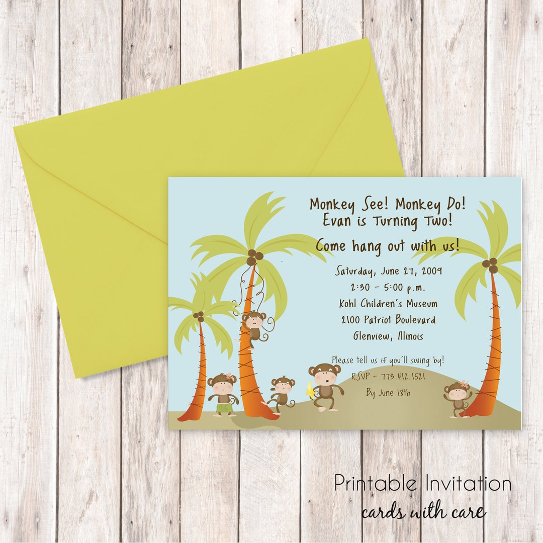 Monkey Birthday Invitation, Printable Invitation Design, Custom Wording ...