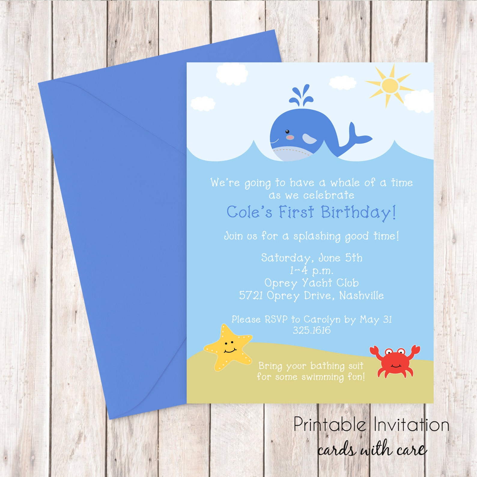 Whale, Under the Sea Invitation, Printable Invitation Design, Custom
