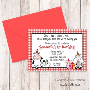 Fête de la ferme Invitation, anniversaire, ferme animaux Invitation imprimable Design, texte personnalisé, fichier JPEG