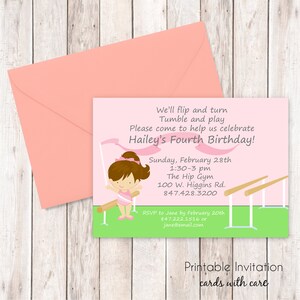 La gymnastique Party Invitation, Invitation imprimable Design, texte personnalisé, fichier JPEG