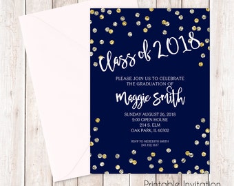 Navy, Gold and Silver Confetti Printable Graduation Invitation, JPEG File, Print Yourself, Custom Wording