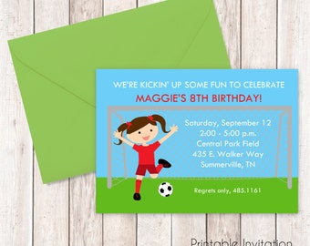 Fußball-Mädchen-Einladung, druckbare Einladung, Kinder Einladung, benutzerdefinierte Formulierung, JPEG-Datei