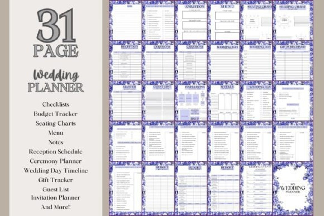 Wedding Planner Blue Floral Printable Minimalistic 31 Pages Easy to Use ...