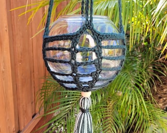 Forest Green Macrame Plant Pot Hanger with Tassel, Fits 4-6" Pots
