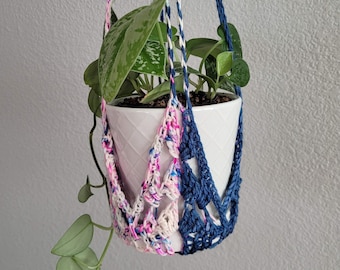 Color Block Macrame Plant Hanger: Boho Crochet, Cotton Candy & Blueberry