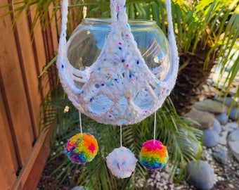 OOAK Rainbow Pompom Confetti Macrame Boho Style Crochet Plant Pot Hanger For 4-6" Pot