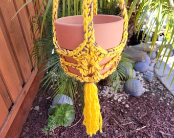 Sunny Yellow Crochet Plant Pot Hanger with Tassel (5-6.5" Pot)