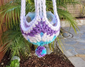 Crochet Plant Pot Hanger: Purple & Teal Macrame, Pompom Tassel