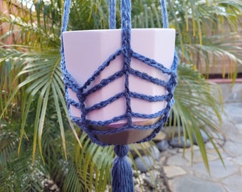 Denim Strappy Chevron Boho Style Plant Pot Hanger For 4-6" Plant Pot w/ Tassel