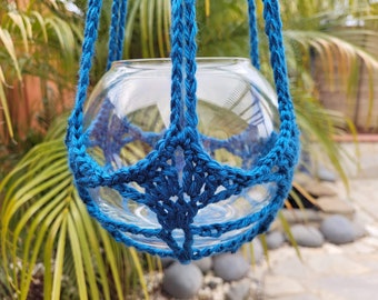 Blue Crochet Plant Pot Hanger, Handmade Acrylic, 4-6" Pot