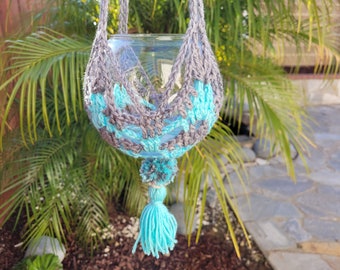 Handmade Teal & Gray Crochet Plant Pot Hanger with Pompom