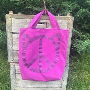 kitty peace sign, knitting tote bag, WIP bag, upcycled clothing, pink and purple sparkles, image 1