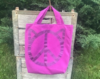 kitty peace sign, knitting tote bag, WIP bag, upcycled clothing, pink and purple sparkles,