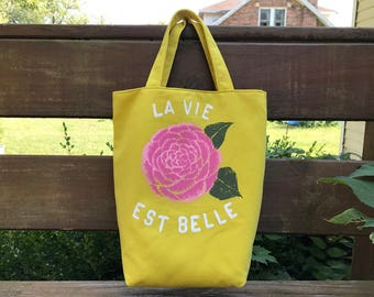 La Vie Est Belle, T-shirt tote bag, upcycled, repurposed, yellow with pink flower, rose, french saying