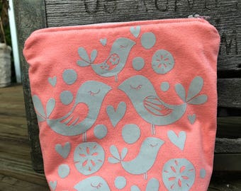 Pink and white birds, hearts and flowers zippered pouch, upcycled, repurposed t-shirts