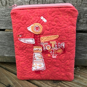 Dark pink and orange TOTEM bird zippered pouch, upcycled, repurposed t-shirts