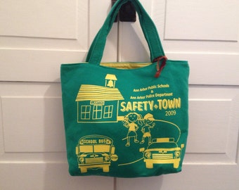 Ann Arbor Safety Town T-shirt tote bag, green and yellow, upcycled T-shirts, eco gift bag
