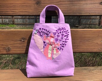 knitting project bag, purple and pink foxes, gift for girls, gift for knitters, WIP bag, T-shirt tote