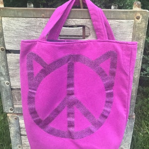 kitty peace sign, knitting tote bag, WIP bag, upcycled clothing, pink and purple sparkles, image 5