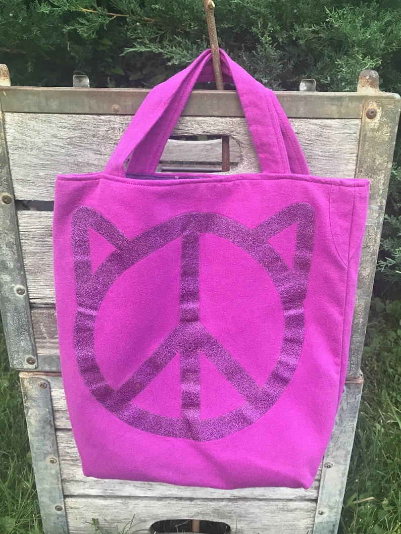 kitty peace sign, knitting tote bag, WIP bag, upcycled clothing, pink and purple sparkles, image 5
