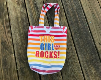 This Girl Rocks rainbow stripe tote bag, upcycled T-shirts, repurposed, colorful