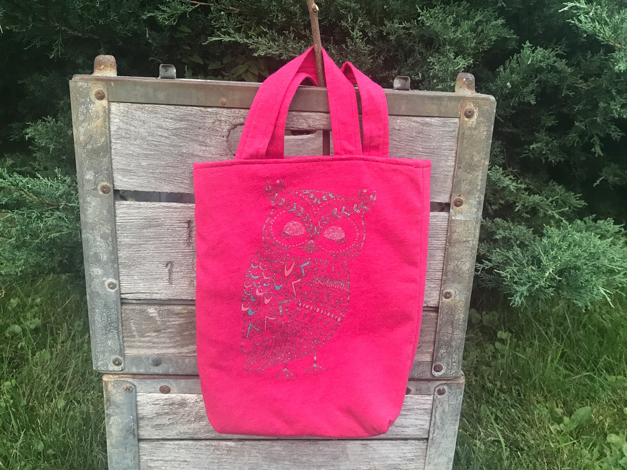 Pink sparkly owl tote bag, upcycled clothing, tshirt tote, use for knitting projects, or back to sch