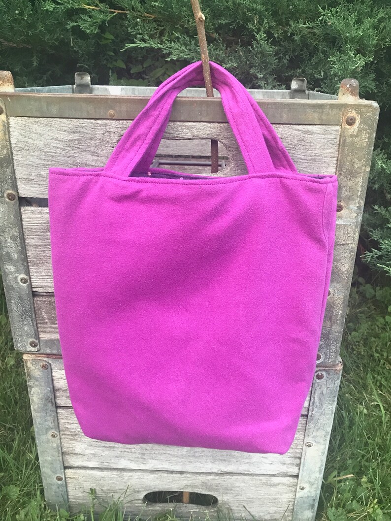kitty peace sign, knitting tote bag, WIP bag, upcycled clothing, pink and purple sparkles, image 6
