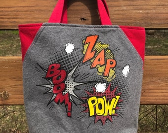 Comic book sound effects tote bag, POW! Tote bag, knitting project bag, gift for male knitter, comicon bag