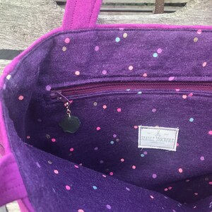 kitty peace sign, knitting tote bag, WIP bag, upcycled clothing, pink and purple sparkles, image 3