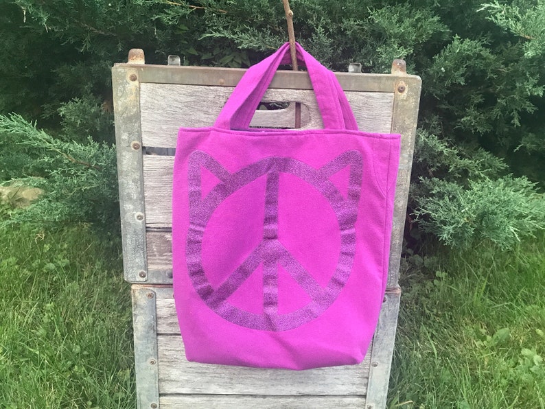 kitty peace sign, knitting tote bag, WIP bag, upcycled clothing, pink and purple sparkles, image 1