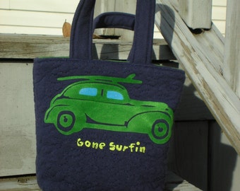 Gone Surfin' Tote Bag, navy blue, kelly green velvet vintage car, with surf board on top