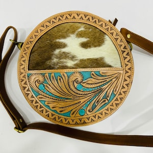 Tooled Round Crossbody Bag, Leather Boho Purse, Handcrafted Vintage Style, Western Festival Accessory, Unique Gift Idea