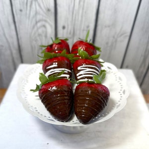 Faux Chocolate Covered Strawberries, Set Of Six, Valentines Decor, Tiered Tray Decor, Gourmet Fake Strawberries image 1
