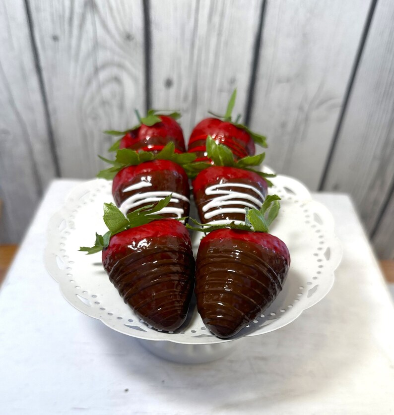 Faux Chocolate Covered Strawberries, Set Of Six, Valentines Decor, Tiered Tray Decor, Gourmet Fake Strawberries image 1