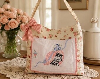 Embroidered Cat Tote Bag, Shabby Chic Quilt Cottagecore Purse, Floral Kitten Bonnet Bag