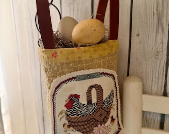 Farmhouse Chicken Bucket Bag, Vintage Quilt Tote, Cross Stitch Hen Bag, Rustic Handmade Market Bag, Cottagecore Decor