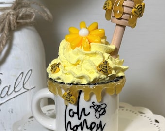 Mini Honeybee Mug And Faux Whipped Cream Topping, Bee Decor For Tiered Tray, Oh Honey Mini Mug, Spring Kitchen Decor,