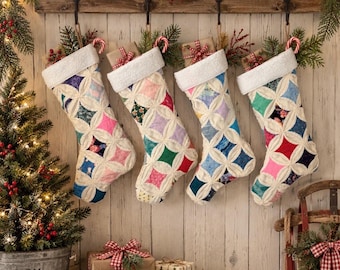 Vintage Cathedral Window Quilt Christmas Stocking | Handmade Antique Quilt Stocking | Feedsack Fabric | Farmhouse Christmas Decor