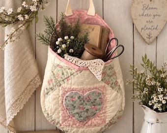 Vintage Quilt Pod Bag | Handmade Hanging Storage Basket | Cottage Farmhouse Peg Rail Bag | Quilted Heart Wall Organizer