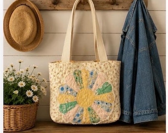 Antique Quilt Tote Bag, Quilted Shoulder Bag, Dresden Plate Quilted Patchwork Tote Bag, Handmade Floral Cotton Shoulder Bag, Cottagecore