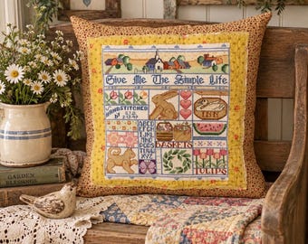 Vintage Cross Stitch Pillow – Give Me the Simple Life – Handmade Country Farmhouse Pillow – Vintage Quilt Accent – 18x18