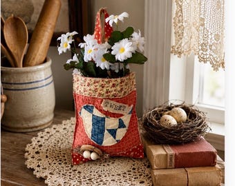 Handmade Antique Quilt Hanging Pouch – Primitive Farmhouse Wall Pocket
