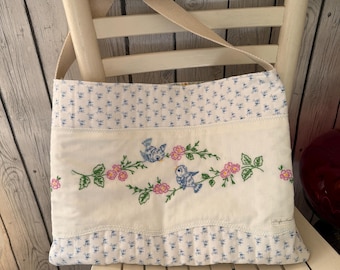 Vintage Embroidered Bluebird Tote Bag-Handmade Cottage Charm-Handmade Vintage Farmhouse Shoulder Bag