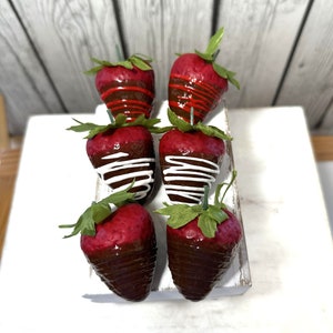 Faux Chocolate Covered Strawberries, Set Of Six, Valentines Decor, Tiered Tray Decor, Gourmet Fake Strawberries image 3