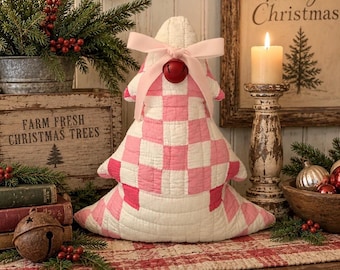Vintage Quilt Christmas Tree Pillow | Pink And Cream Primitive Christmas Decor | Velvet Bow & Jingle Bell | Handmade Holiday Tree