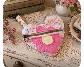 Heart-Shaped Antique Quilt Coin Purse | 1930s Quilt Zippered Pouch | Handmade Vintage Quilted Keychain Wallet