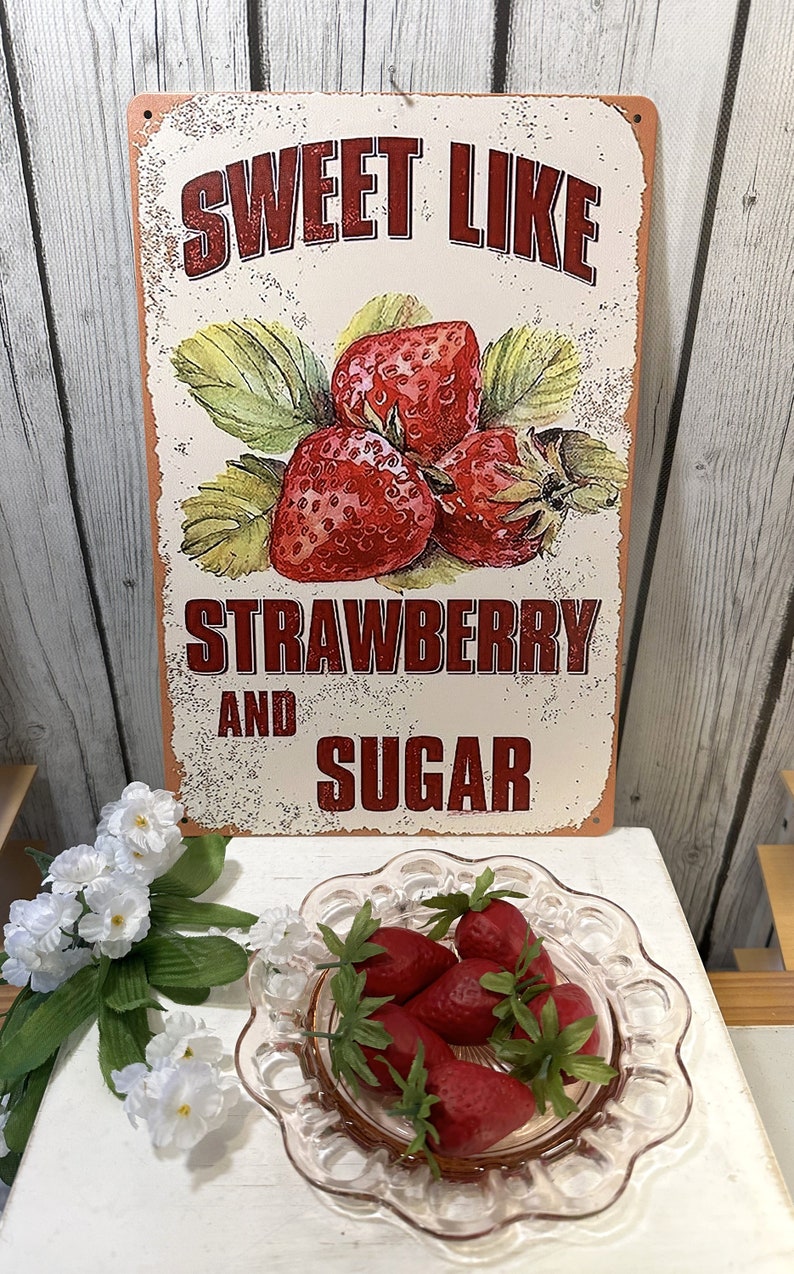 Strawberry Metal Sign, Strawberry Decor, Farmhouse Sign, Vintage Style , Summer Decor, Spring Decor, Strawberry Kitchen Decor image 1