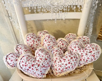 Vintage Quilt Rosebud Rose Stuffed Hearts, Bowl Fillers, Cottage Core, Valentines Day Decor