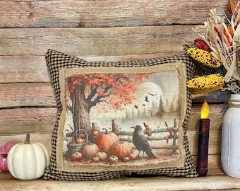 Black Crow & Pumpkin Halloween Pillow: Primitive Farmhouse Fall Decor