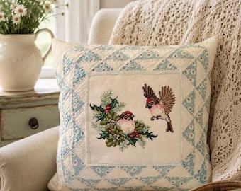 Handmade Vintage 1930s Quilt & Cross Stitch Bird Pillow | Farmhouse Accent Cushion | One-of-a-Kind Cottage Decor | 16 x 15 |Christmas Decor